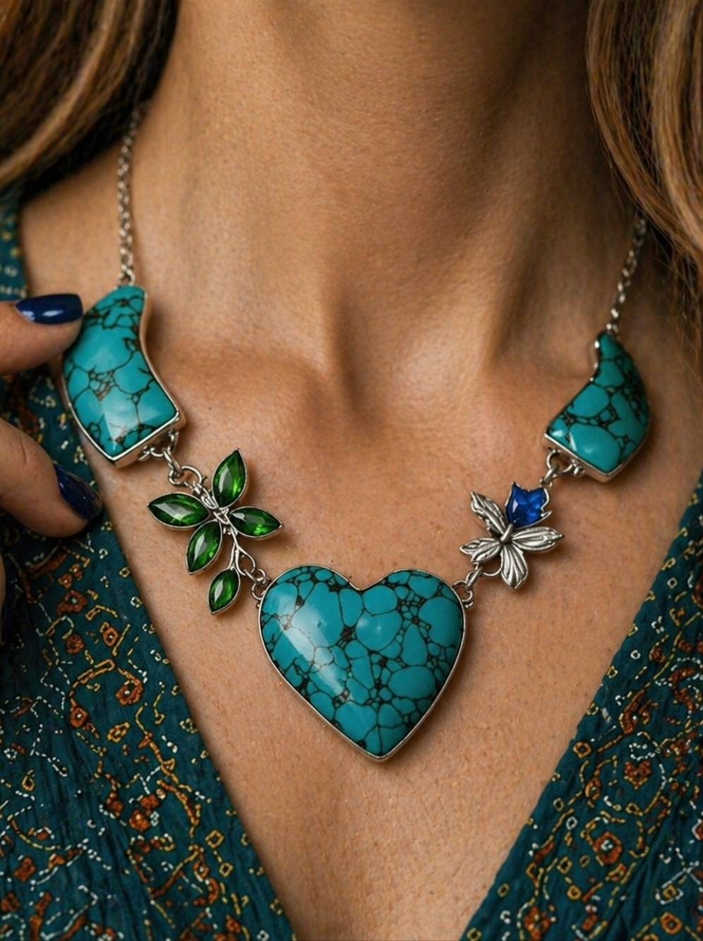 Boho Tribal 925 Silver Genuine Turquoise Heart Green Quartz Blue Topaz Necklace
